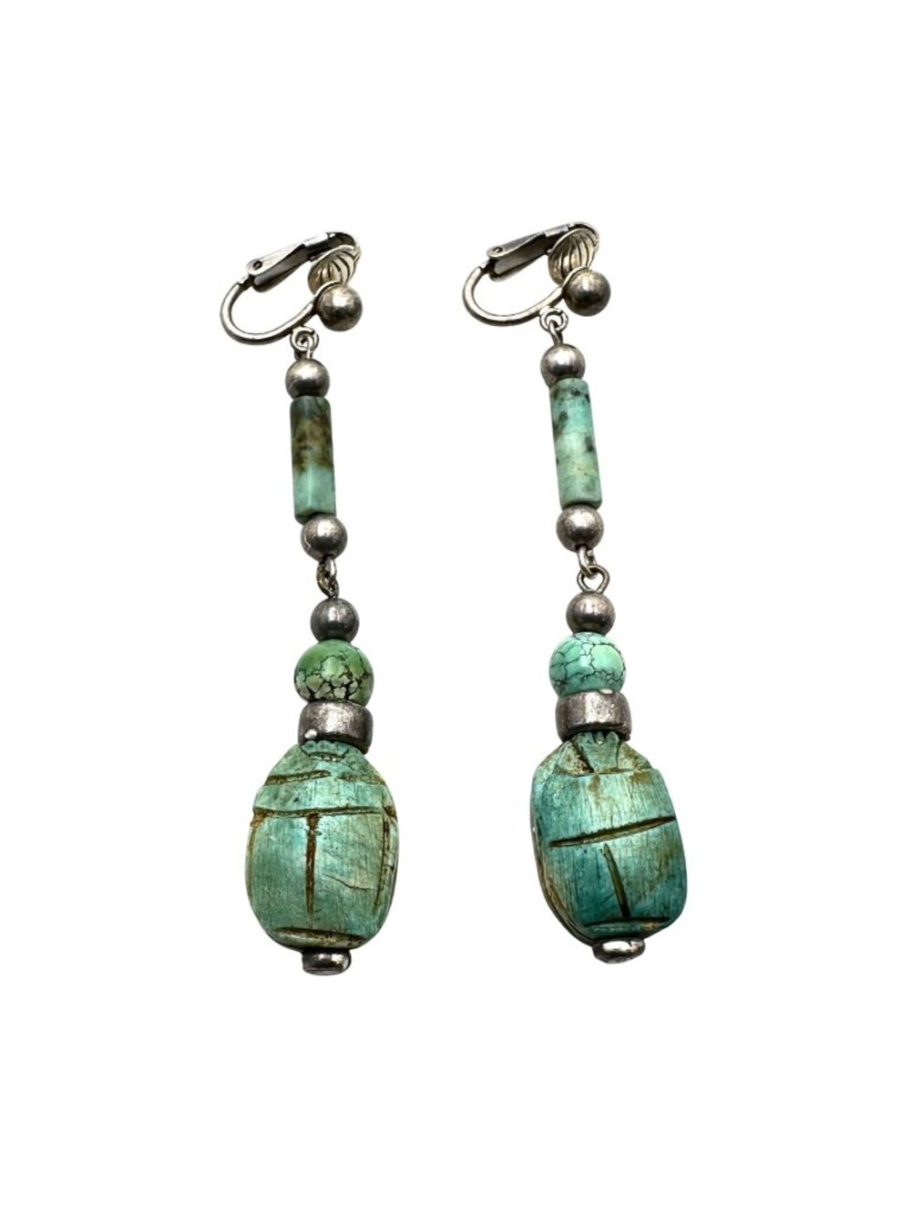 Rare Vintage Carved Blue Green Turquoise Scarb Sterling Silver 3 Inch Clip Earri